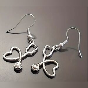 Silver Heart Stethoscope Drop Dangle Earrings